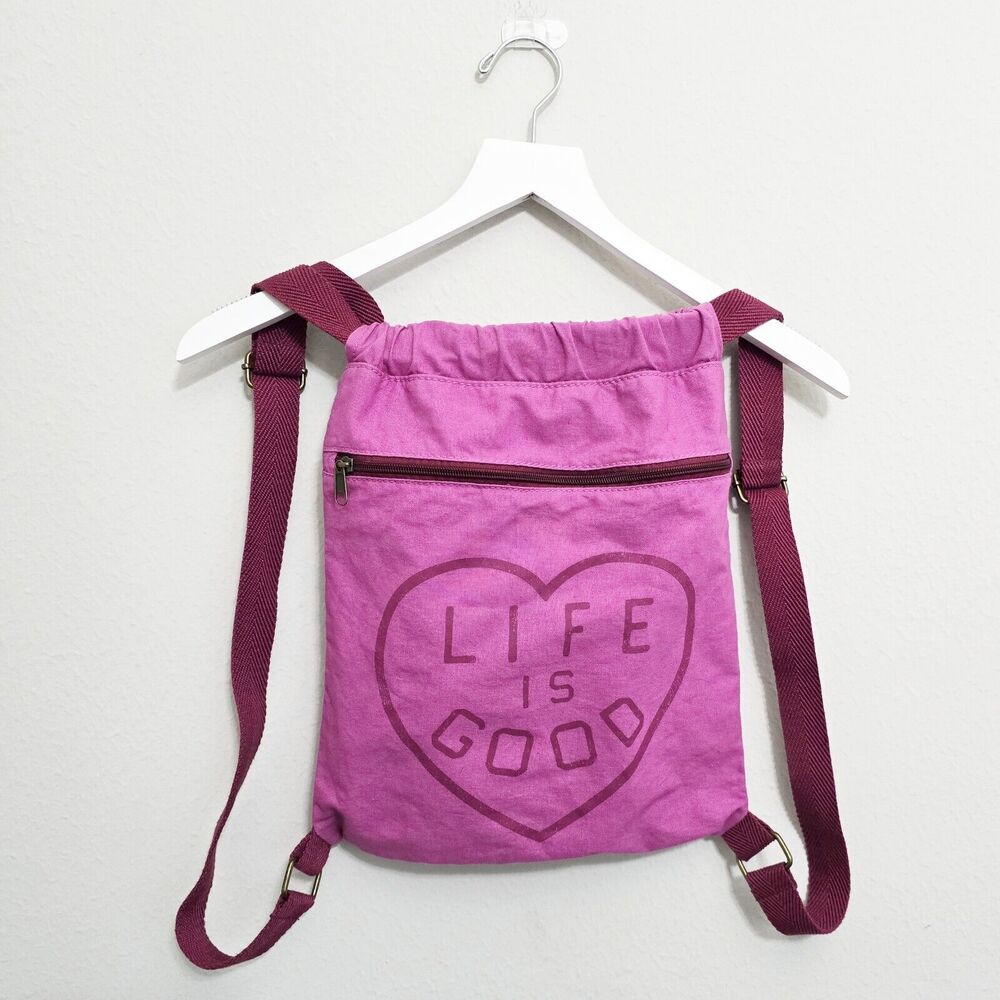 Life Is Good Pink Heart Zipper Drawstring Canvas Backpack
